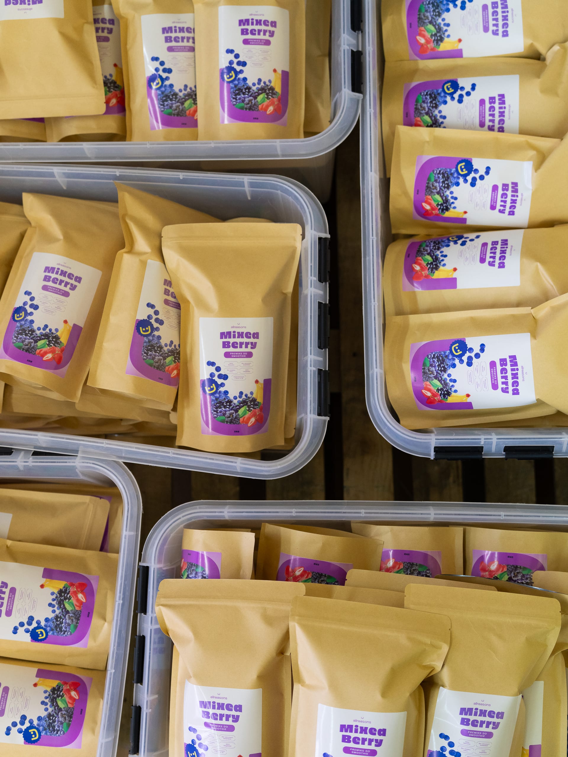Mixed Berry smoothie pouches in production at Allreasons factory