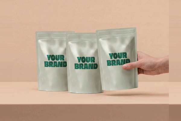 Three plain pouches marked YOUR BRAND, one held by a hand