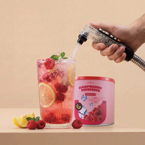 Raspberry refresher poured from a soda gun next to the Allreasons refresher can