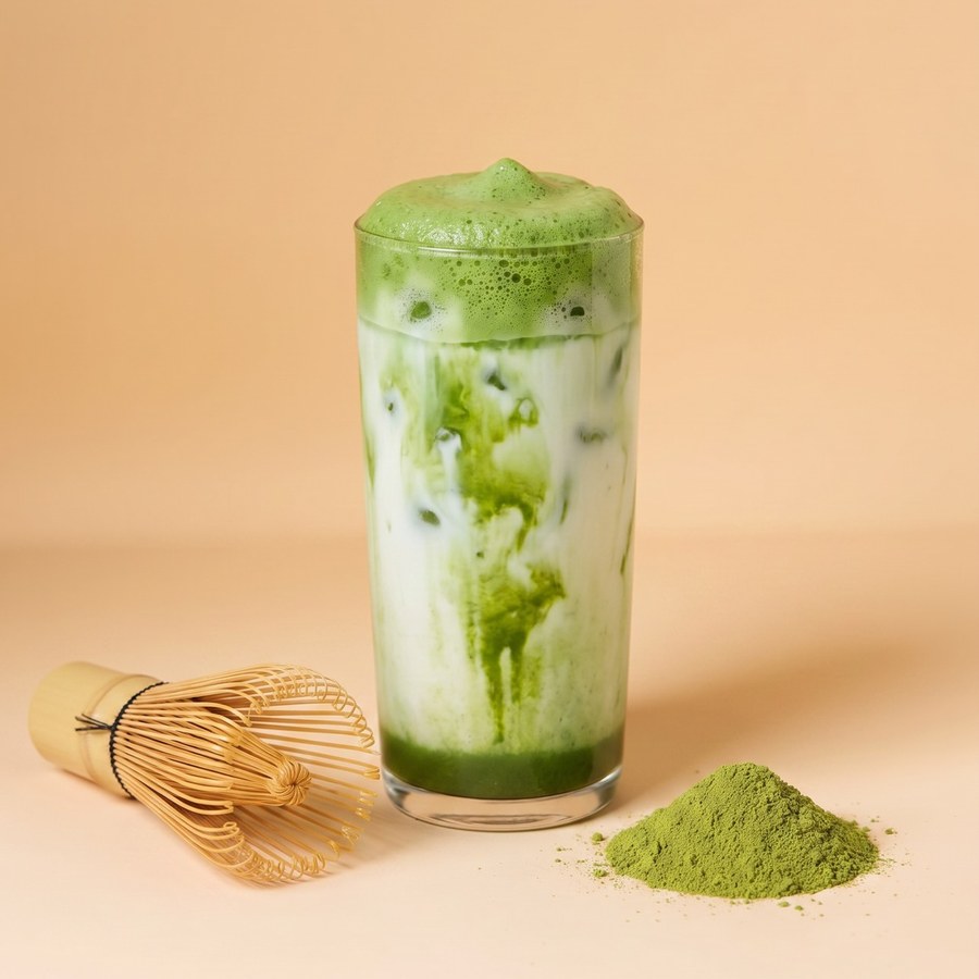Iced matcha latte in a glass with a bamboo whisk and matcha powder