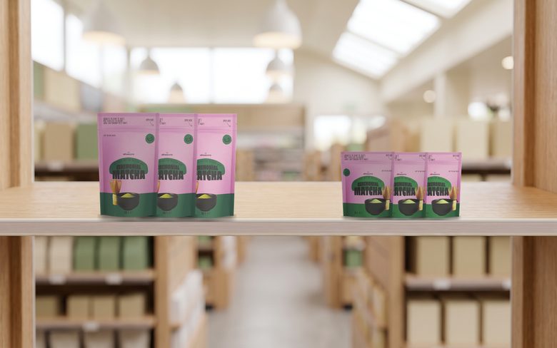 Allreasons ceremonial matcha on the shelf in a health food shop