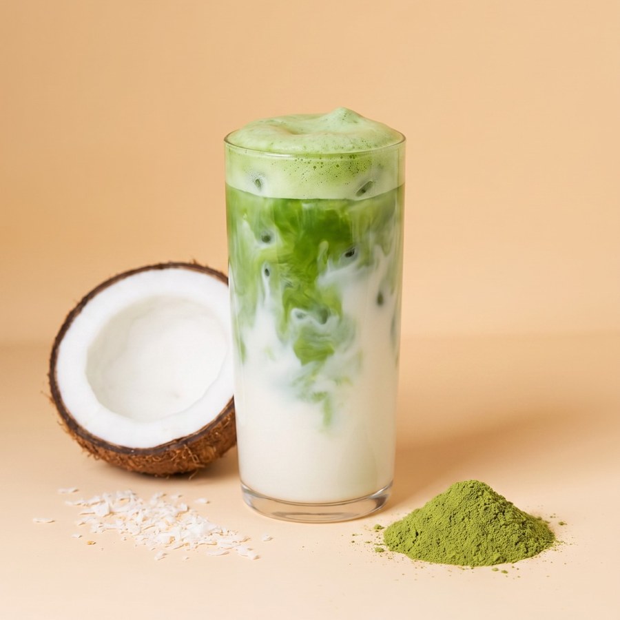Iced coconut matcha latte with coconut, coconut flakes and matcha powder