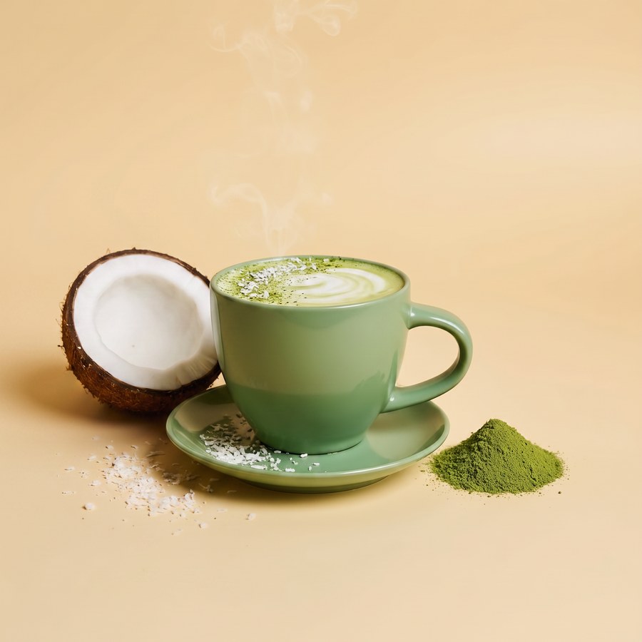 A hot coconut matcha latte in a ceramic cup, beside fresh coconut and a heap of matcha powder