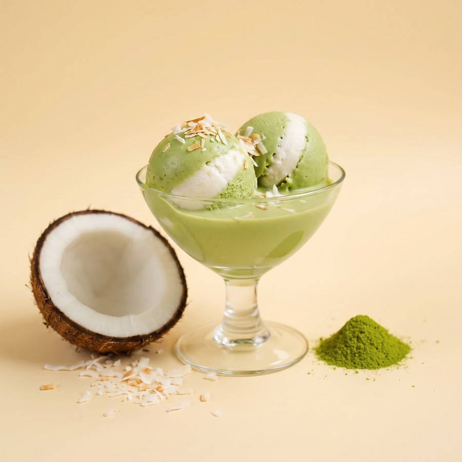 Matcha gelato with a coconut ribbon in a glass coupe, beside fresh coconut