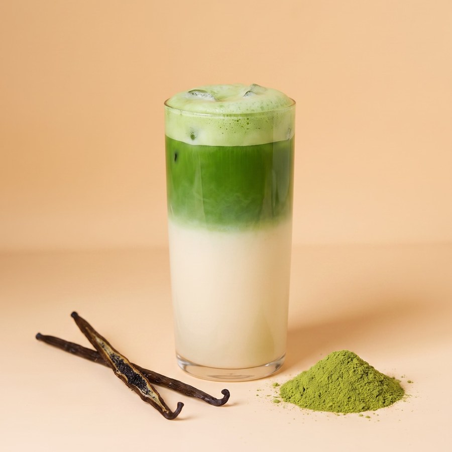 Iced vanilla matcha latte with vanilla pods and matcha powder