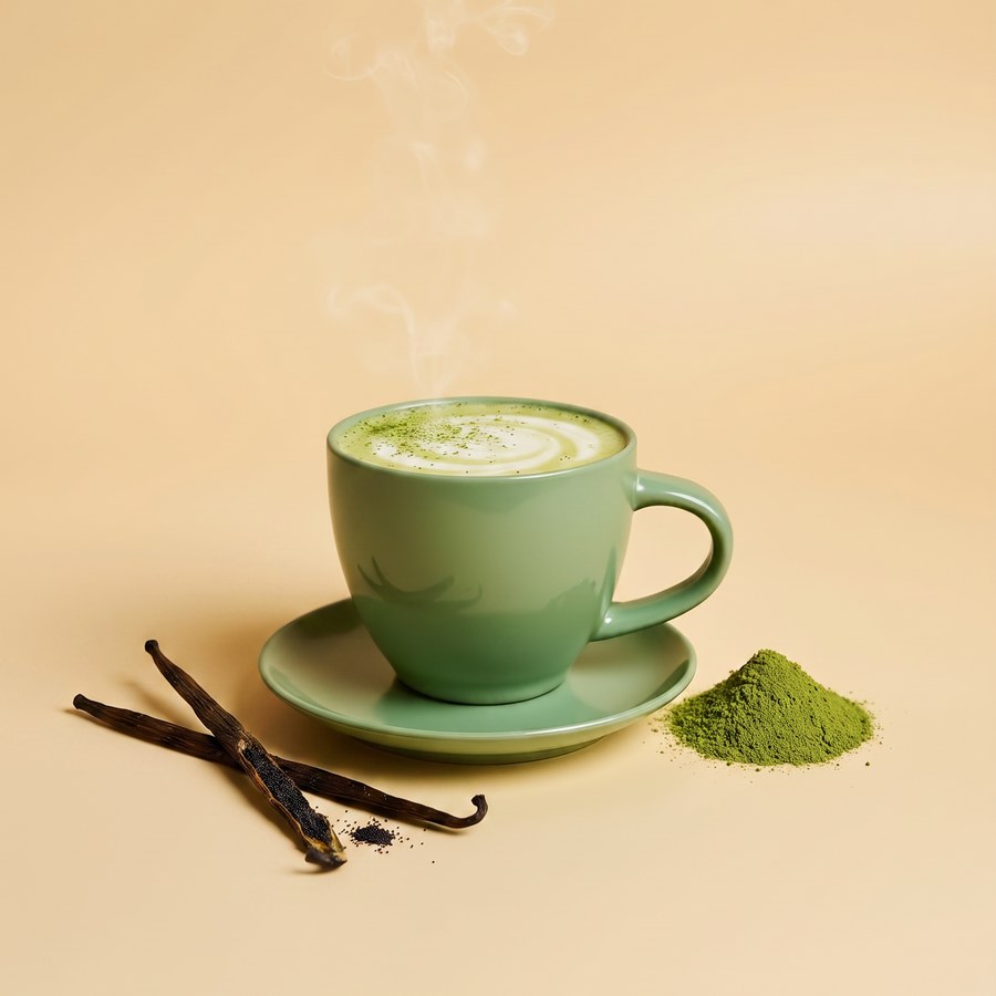 A hot vanilla matcha latte in a ceramic cup, beside vanilla pods and a heap of matcha powder