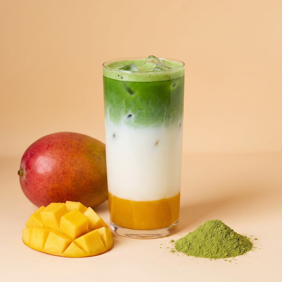 Iced mango matcha latte with fresh mango and matcha powder