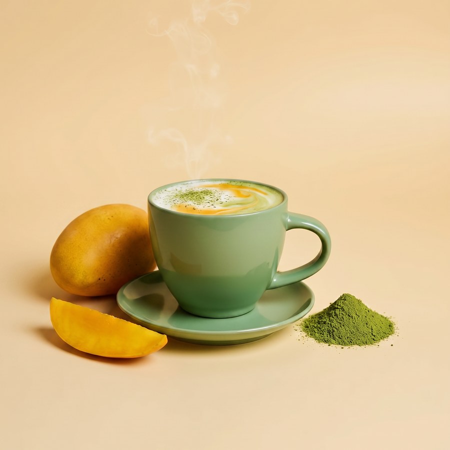 A hot mango matcha latte in a ceramic cup, beside fresh mango and a heap of matcha powder