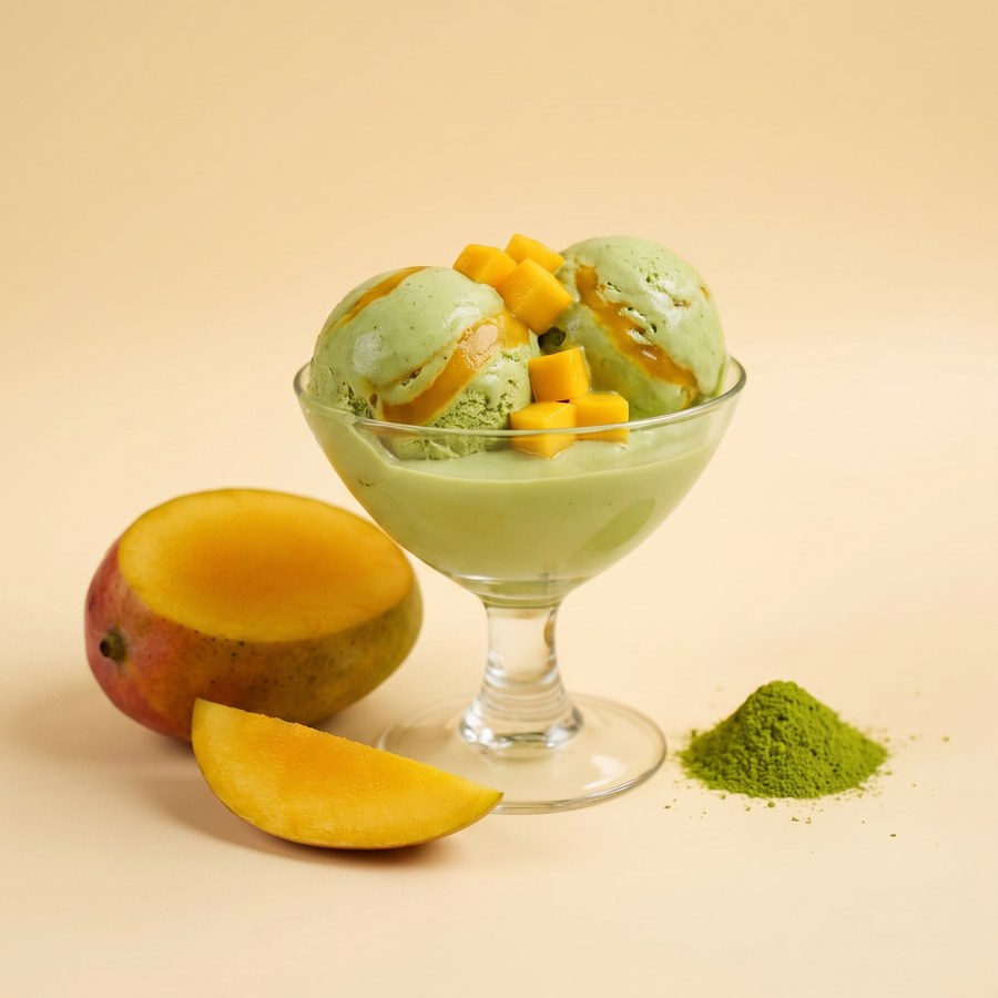 Matcha gelato with a mango ribbon in a glass coupe, beside fresh mango