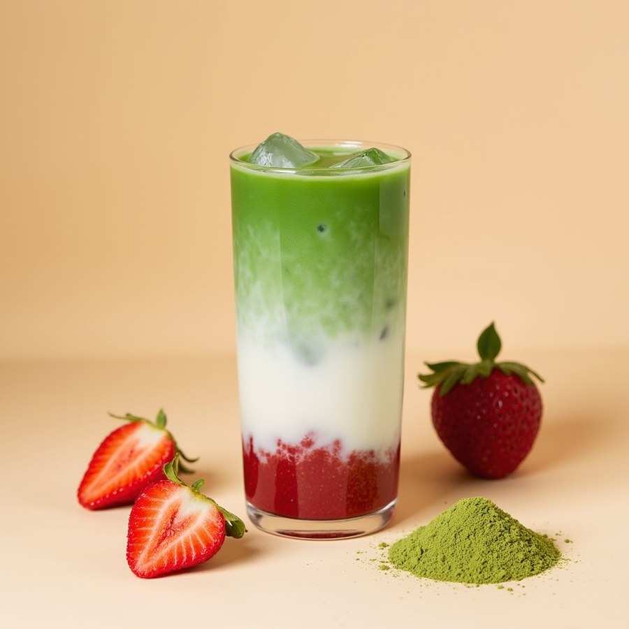 Iced strawberry matcha latte with fresh strawberries and matcha powder