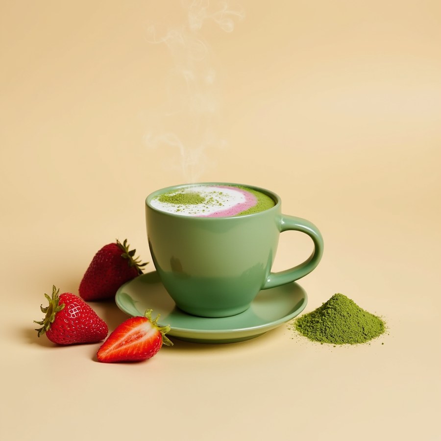 A hot strawberry matcha latte in a ceramic cup, beside fresh strawberries and a heap of matcha powder
