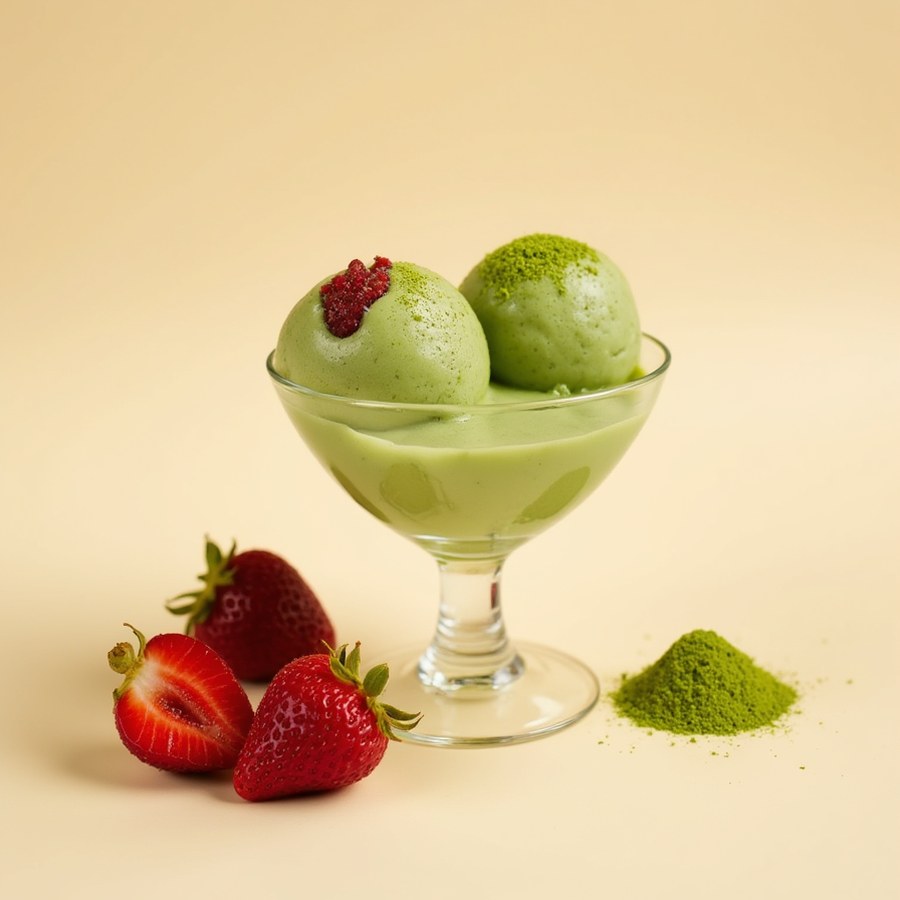 Matcha gelato with a strawberry ribbon in a glass coupe, beside fresh strawberries