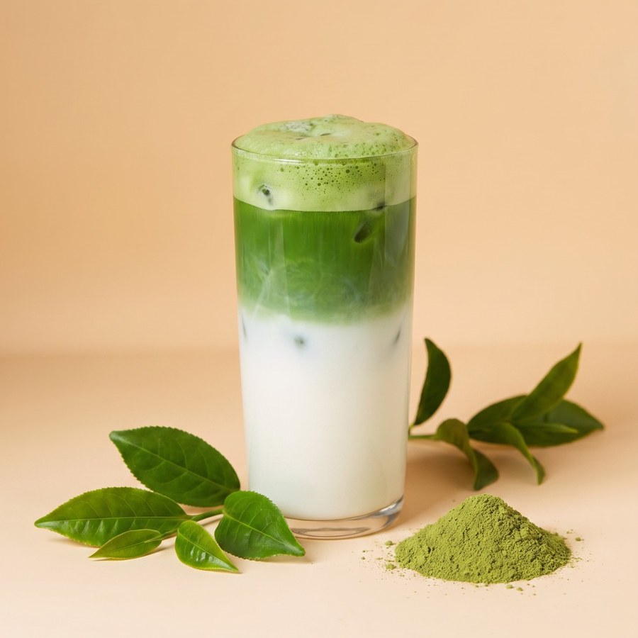 Iced organic matcha latte with tea leaves and matcha powder