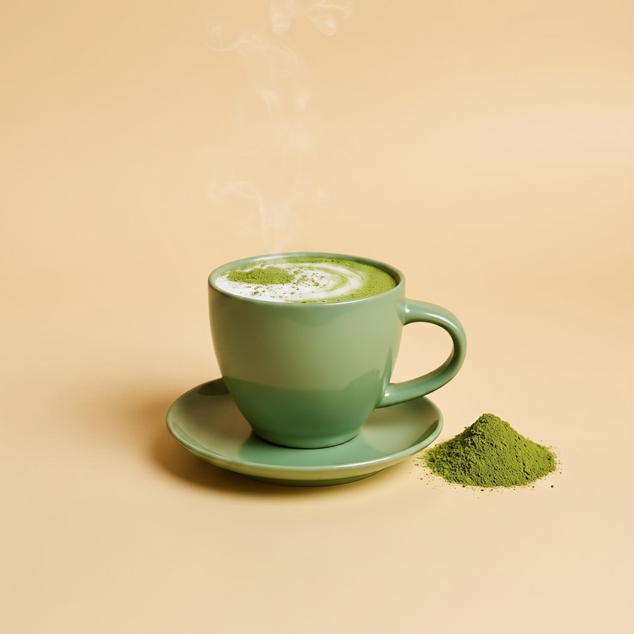 A hot organic matcha latte in a ceramic cup, beside a heap of matcha powder