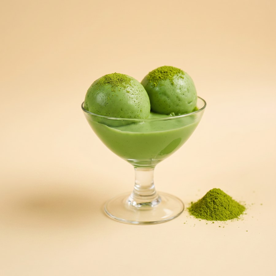 Organic matcha gelato in a glass coupe, beside a heap of matcha powder