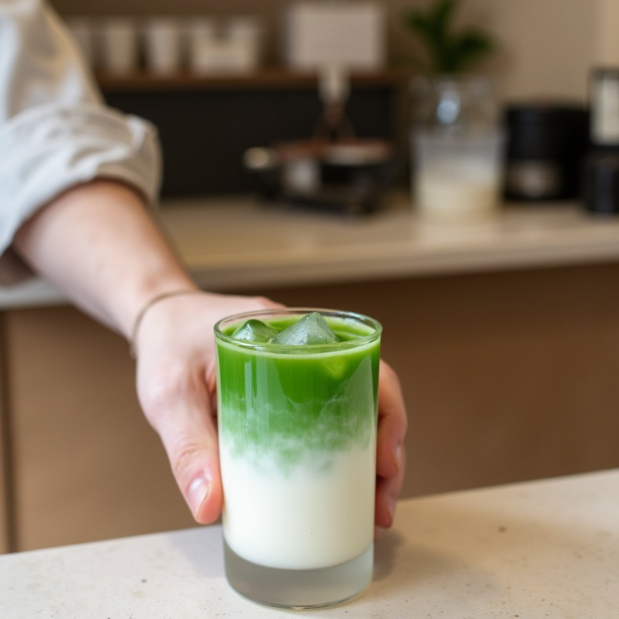 A barista setting down an iced matcha latte on a cafe counter