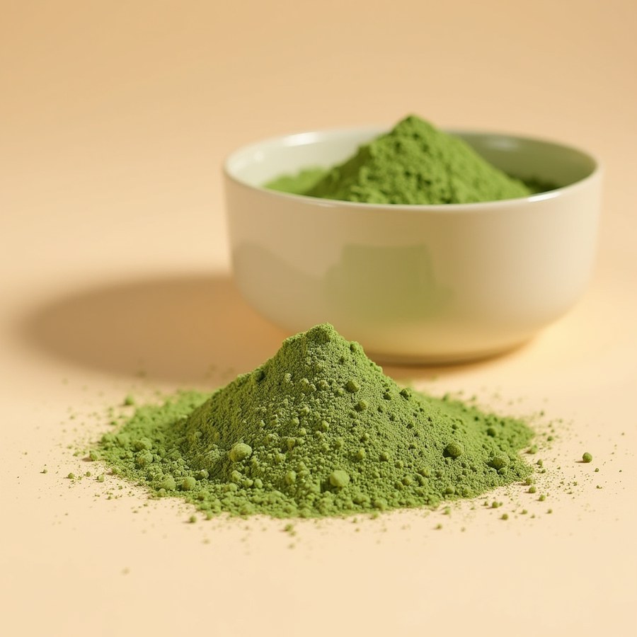 A heap of matcha latte blend powder beside a ceramic bowl