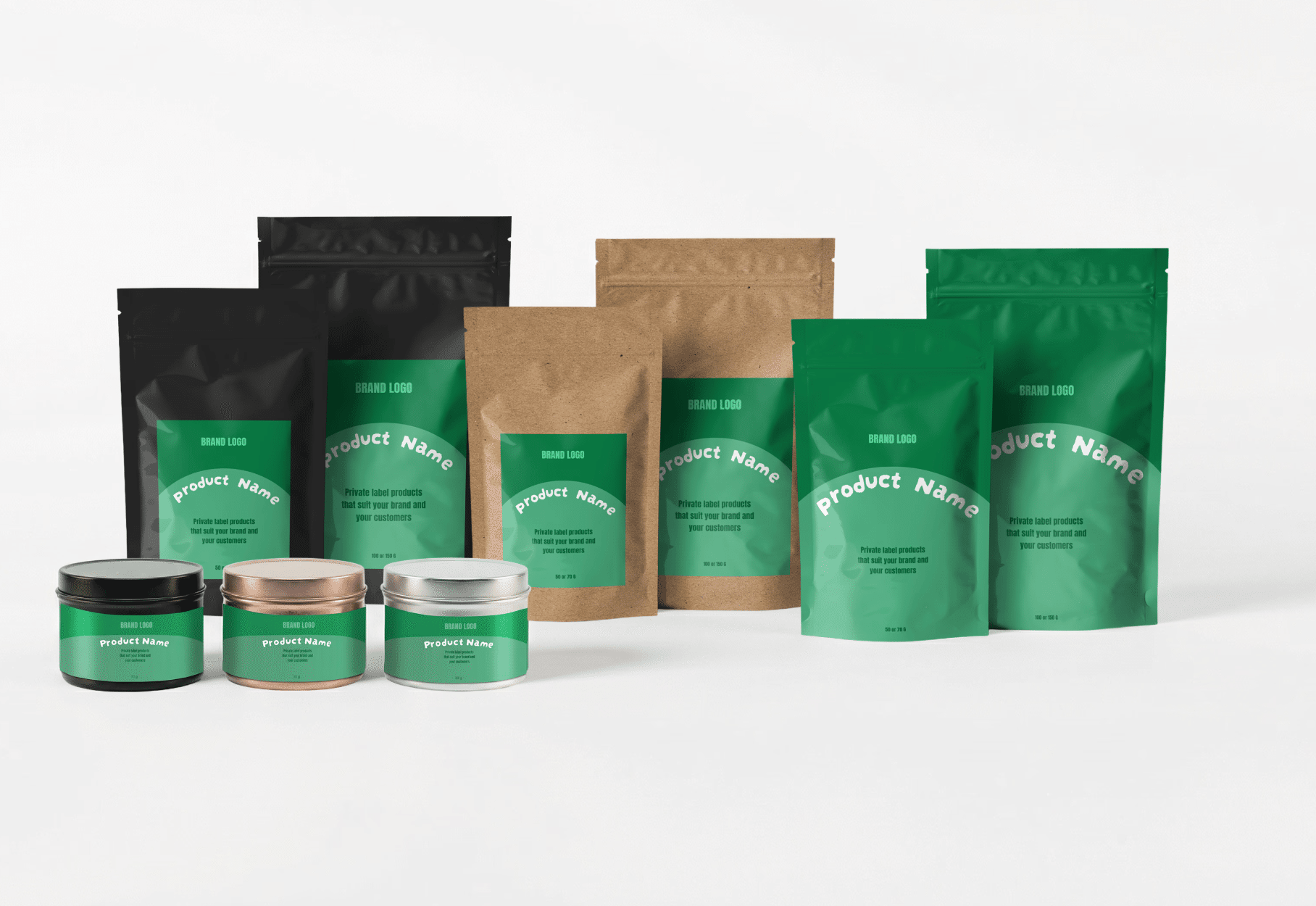 Private label matcha packaging options — bags, tins and pouches
