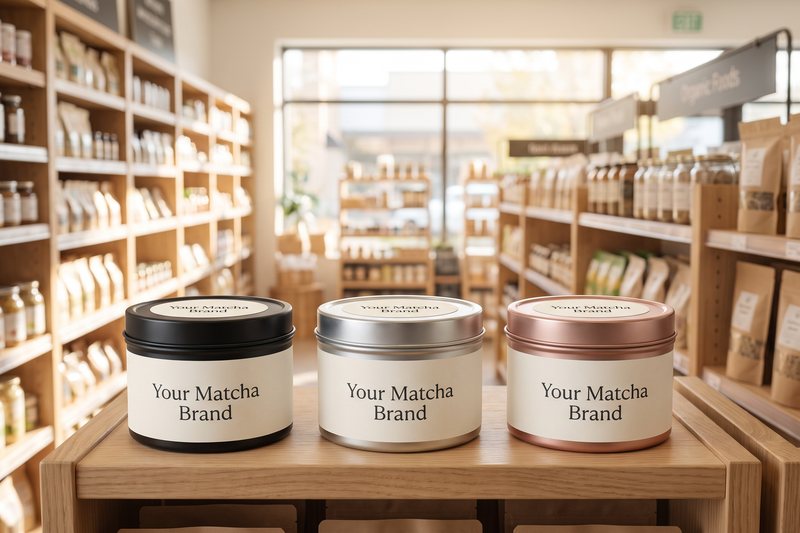 Three 30 g matcha tins in black, silver and rose gold with a sample private label, on a shop shelf