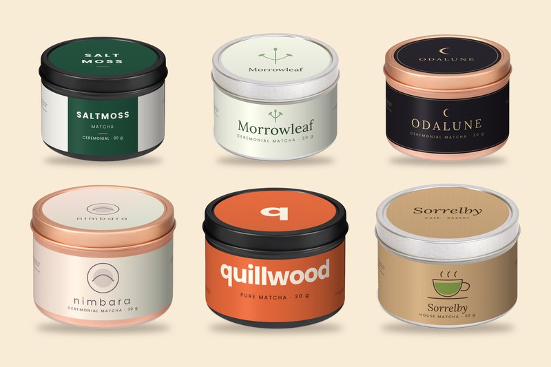 Six example label designs on 30 g matcha tins in black, silver and rose gold