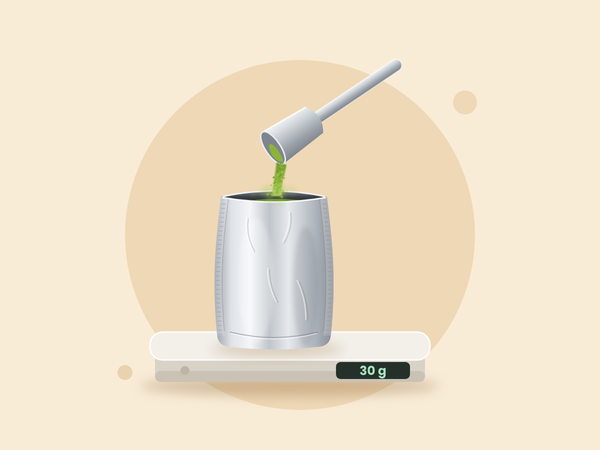 Matcha poured from a scoop into a foil bag on a scale showing 30 g