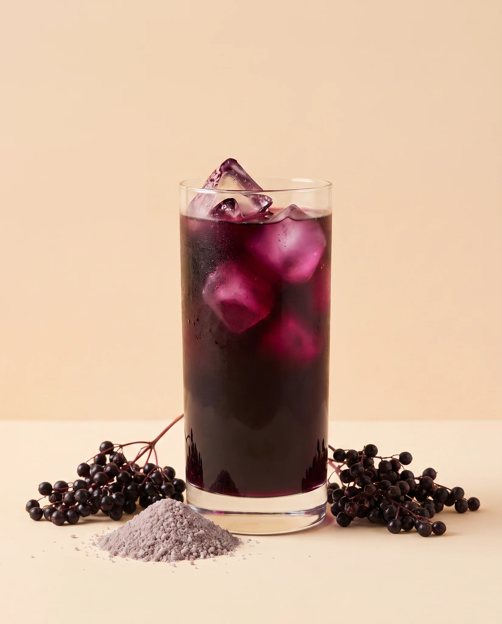 Electrolytes Elderberry prepared in a glass, with powder and fresh fruit