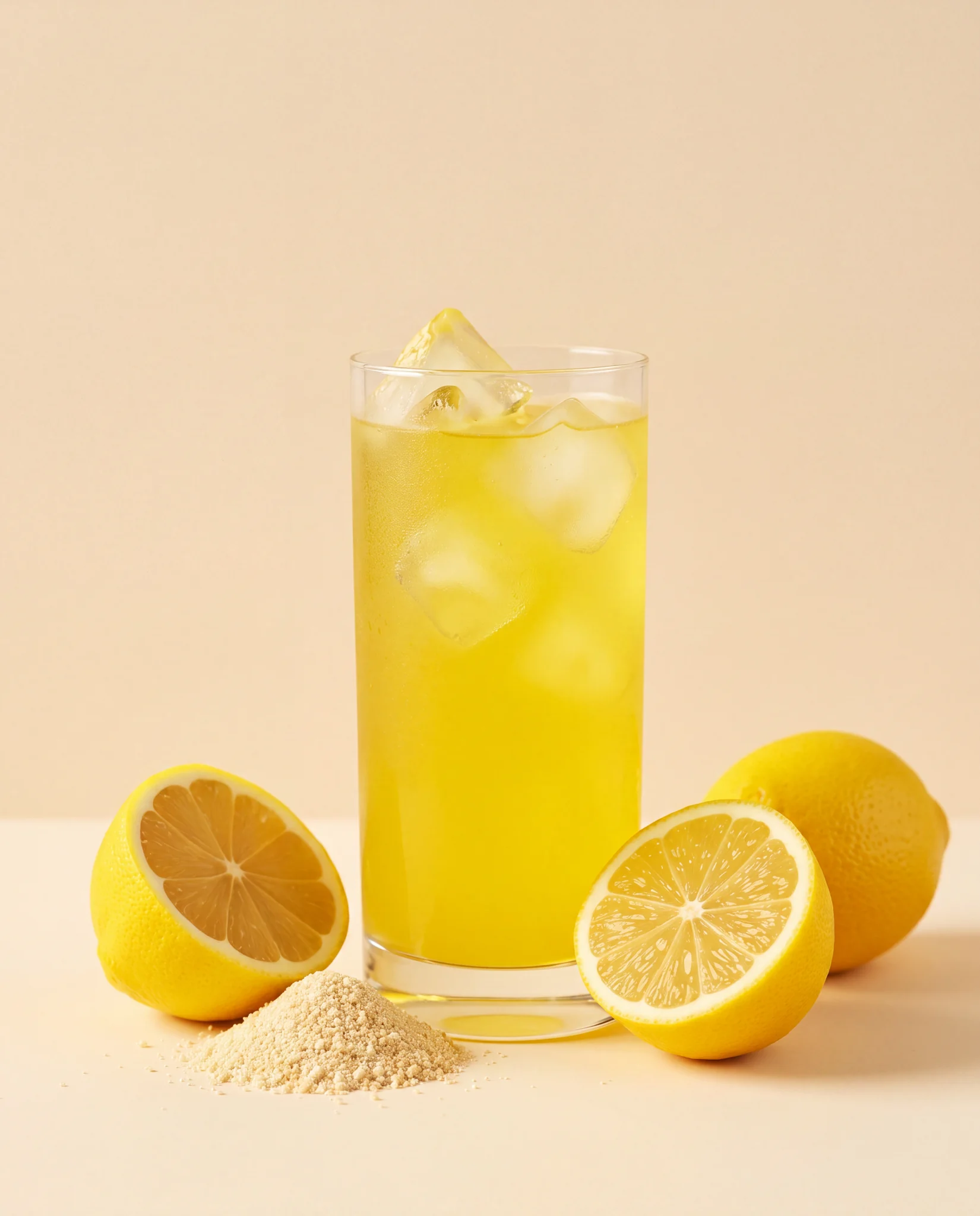Electrolytes Lemon prepared in a glass, with powder and fresh fruit