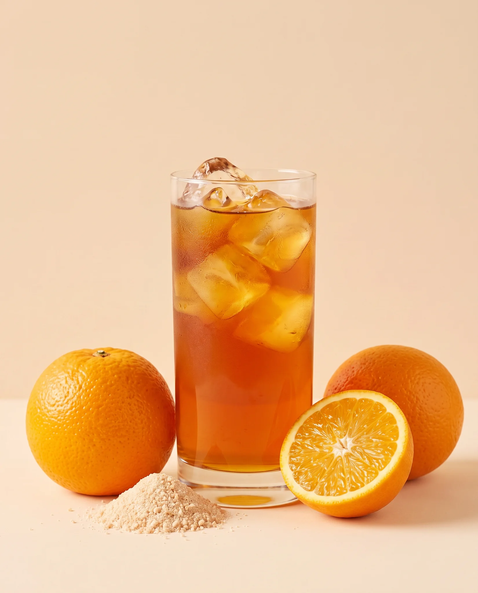 Electrolytes Orange prepared in a glass, with powder and fresh fruit