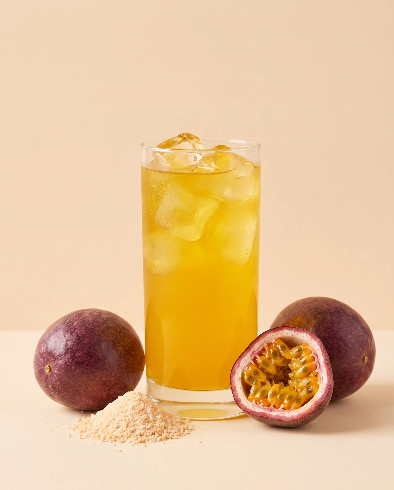Electrolytes Passionfruit prepared in a glass, with powder and fresh fruit